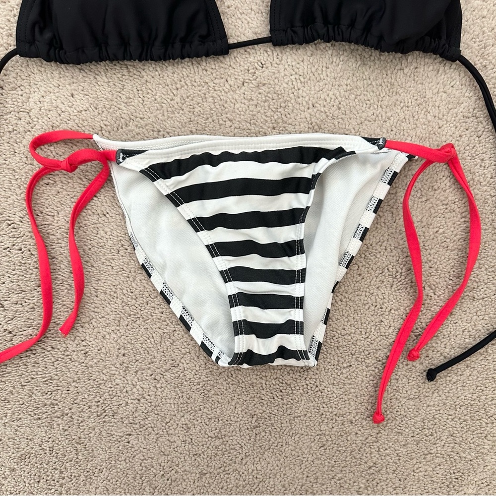 Rampage Black White Striped Cheeky Hipster Bikini Bottom With Red String Ties